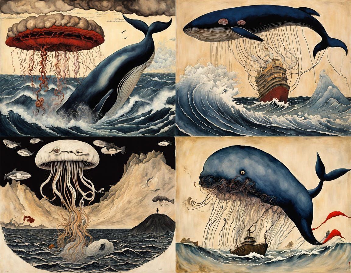 Surreal Japanese Hybrid Whale Jellyfish in Stormy Seas