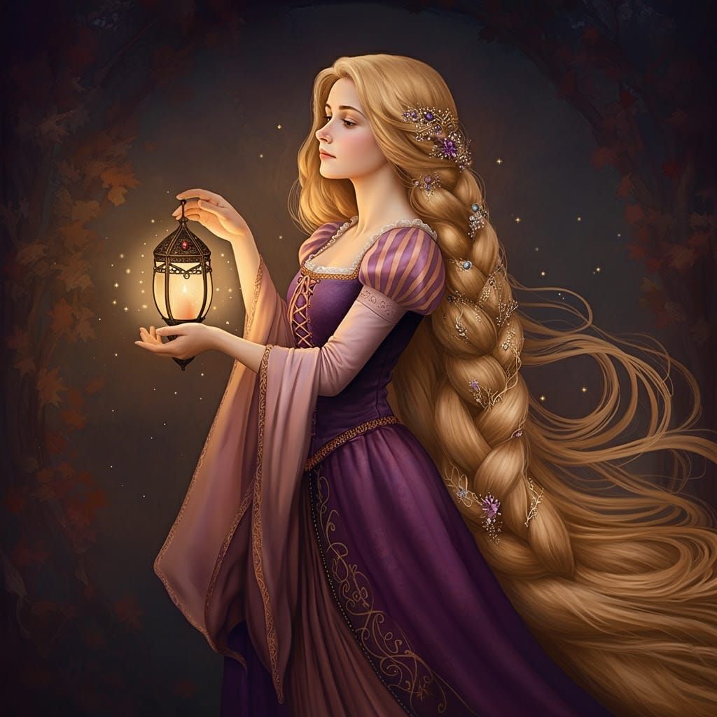 Ethereal Beauty in Violet Gown with Golden Braid and Lantern