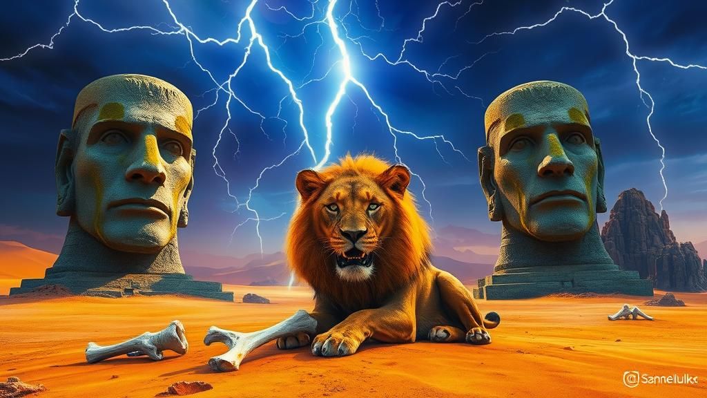Colossal Stone Heads in Desert with Golden Lion