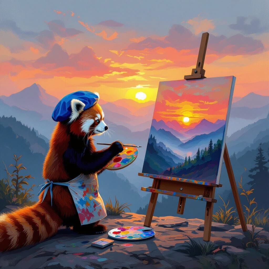 Red Panda Paints Misty Mountain Sunset in Neo-Impressionist ...