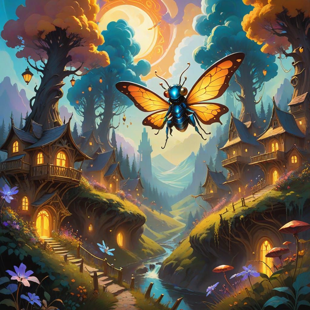 Majestic Fae Riders Soar on Iridescent Alien Bugs in a Vibra...