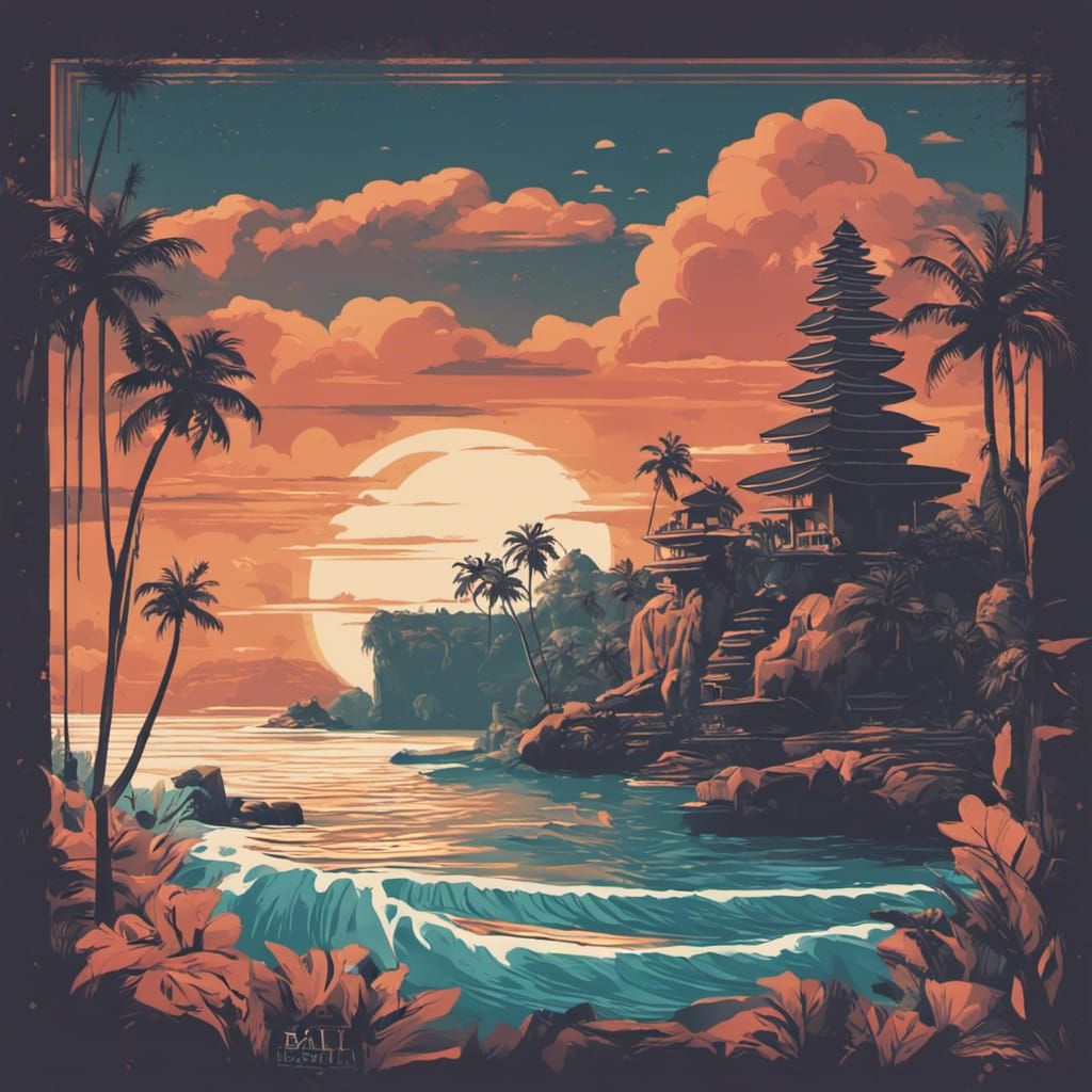 Retro Bali Travel Poster: Ocean Island Beach Palms