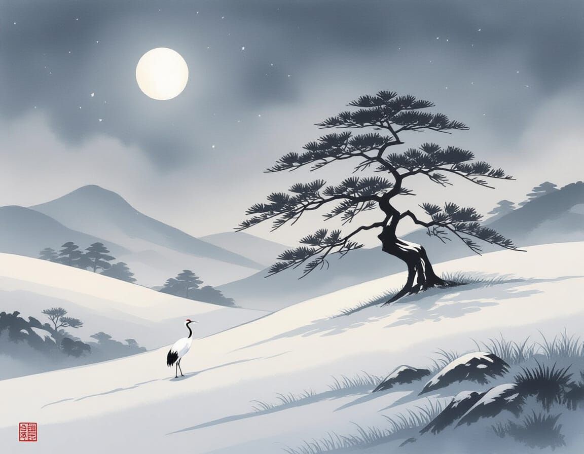 Ancient Oak Tree in Snowy Landscape - Sumi-e Style