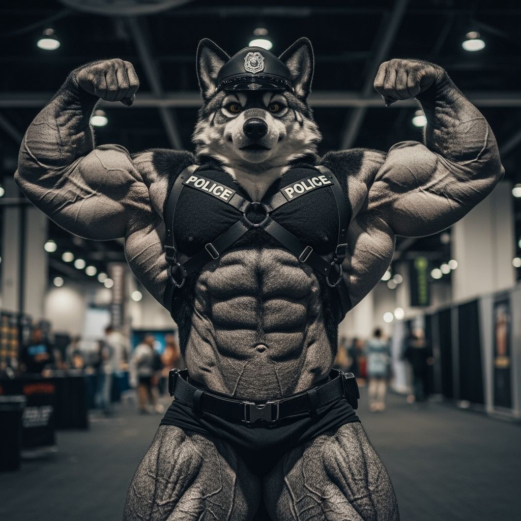 Muscular Wolf Bodybuilder in Police Gear