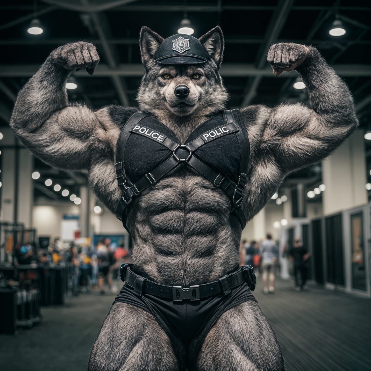 Muscular Wolf Bodybuilder in Police Gear