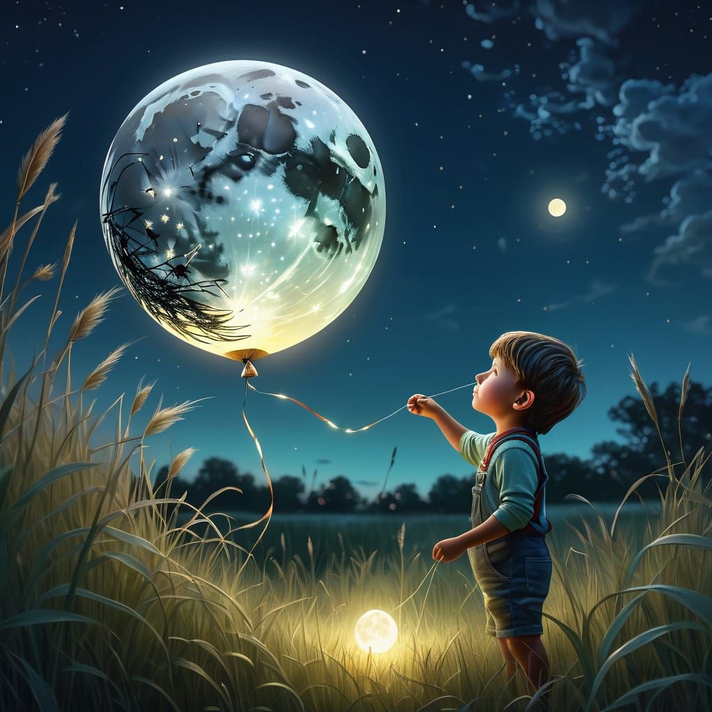 Child with Moon Balloon in Surreal Field