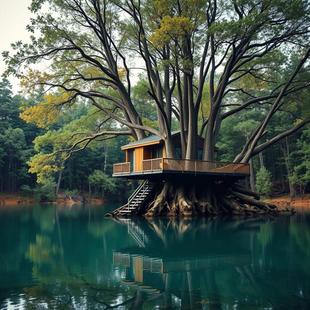 Treehouse Oasis Amidst Serene Forest Lake