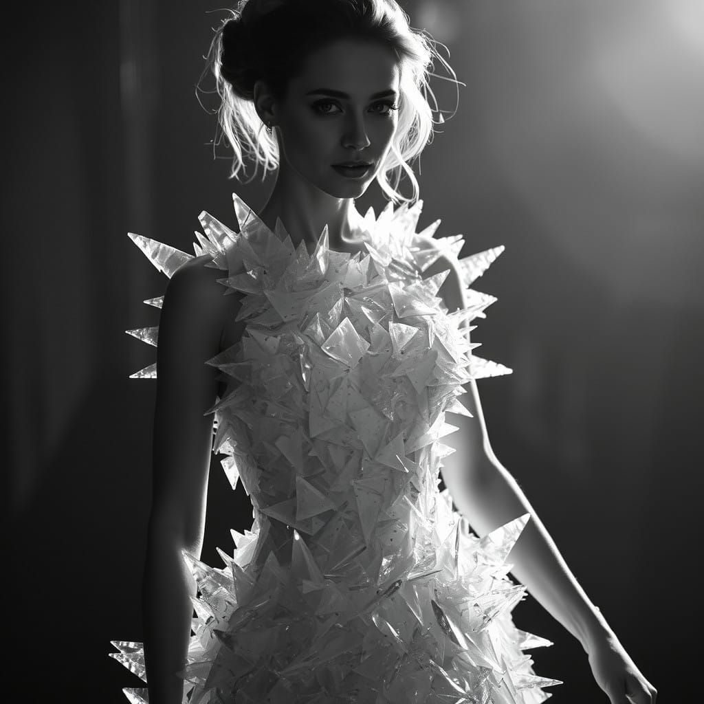 Ethereal Woman in Glass Armor Illuminated by Moonlight