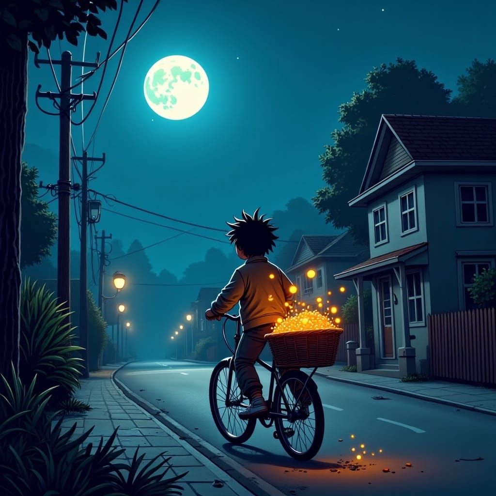 Child Cyclist with Glowing Gadgets at Night