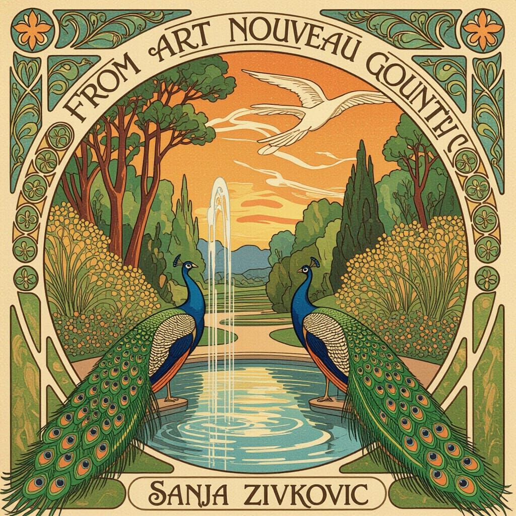 Art Nouveau Landscape With Peacocks and Fountains