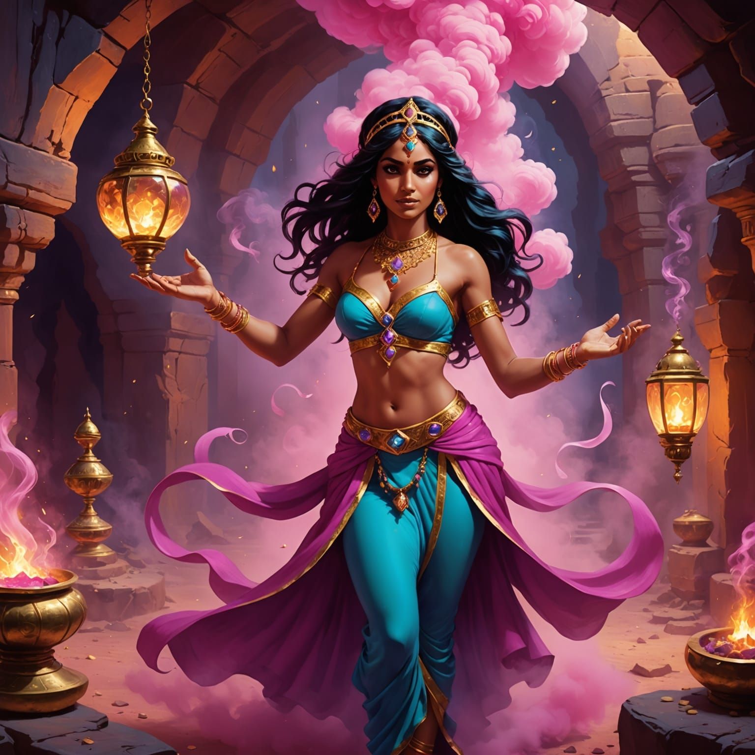 Beautiful Genie in a Treasure Cave, Detailed Matte Painting