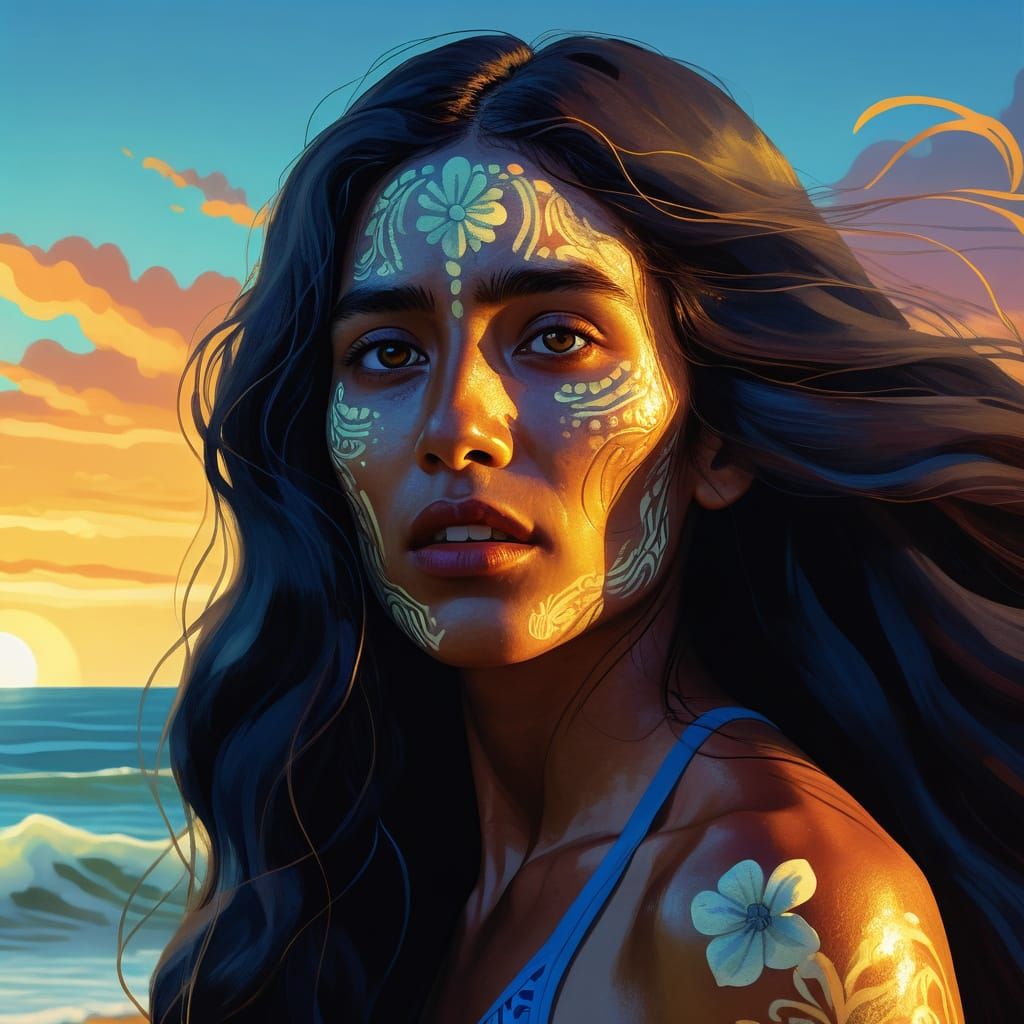 La Llorona as Beach Beauty in Vibrant Digital Painting
