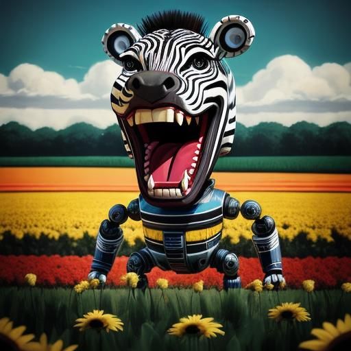 Cartoon Zebra Screaming in Surreal Flowerfields