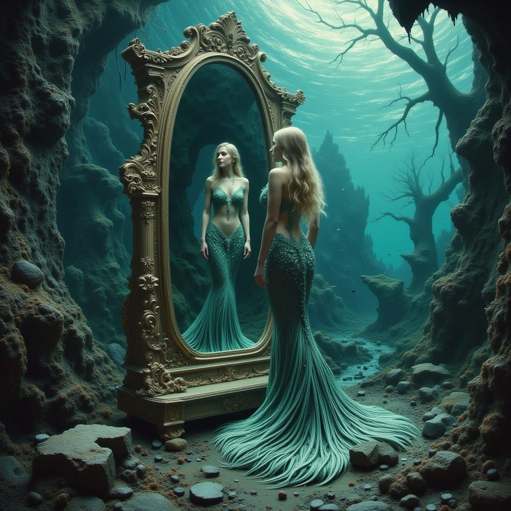 Mermaid's Reflection in Sunken Ruins, Dreamy Surreal Style