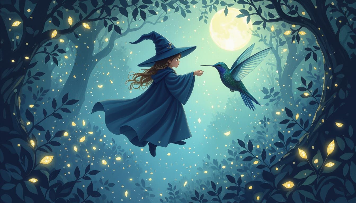 Wizard Rides Hummingbird Through Enchanted Forest