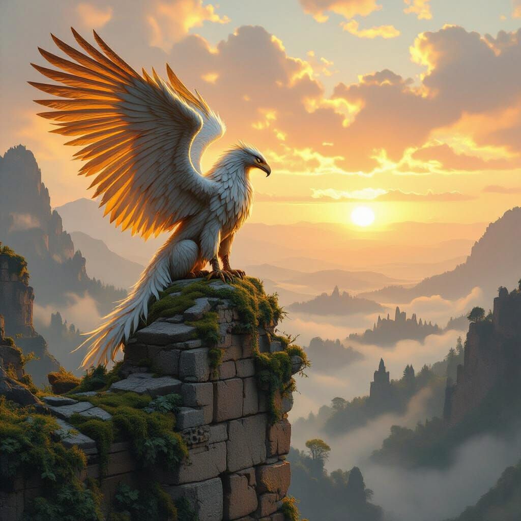 Griffin Perched Atop Ruin in Ethereal Light