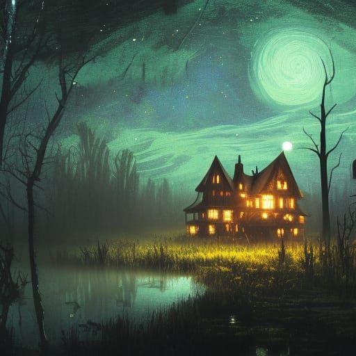 High Gothic Witch House in Glowing Swamp