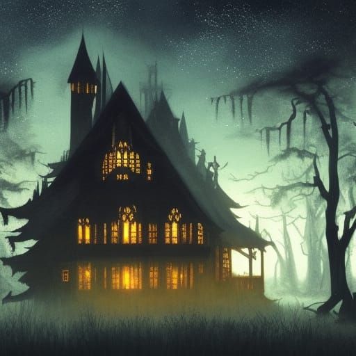 Gothic Witch House in Glowing Swamp: Dark Fantasy Art
