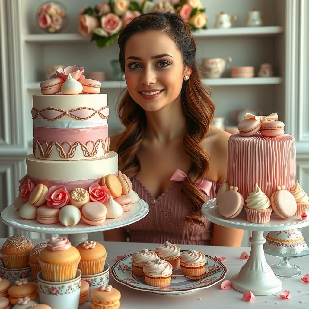Pastel Patisserie Scene with Macarons and Cakes