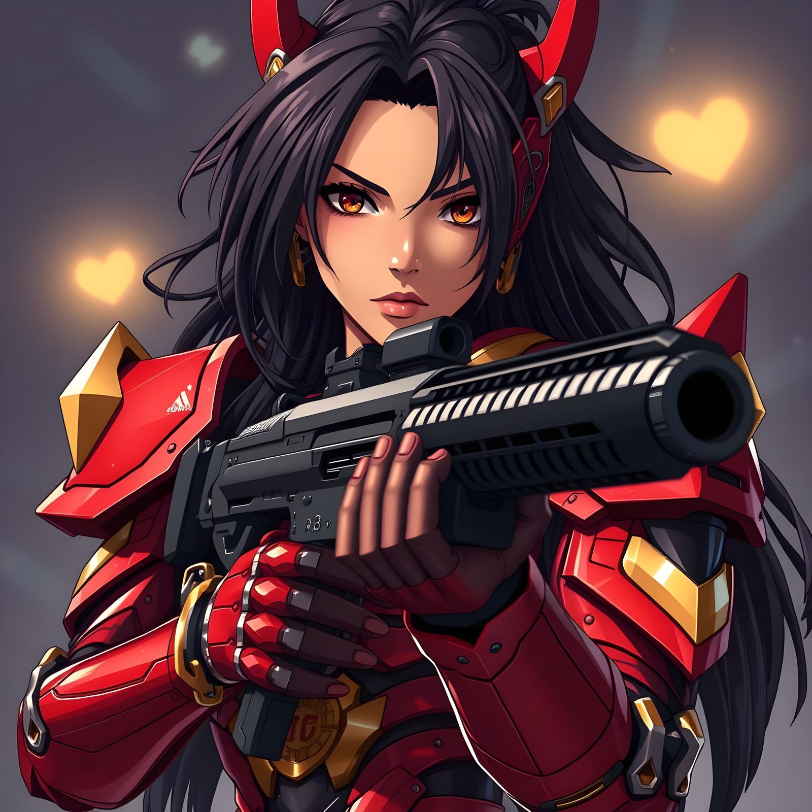 Cyberpunk Gynoid Warrior in Red and Gold Armor