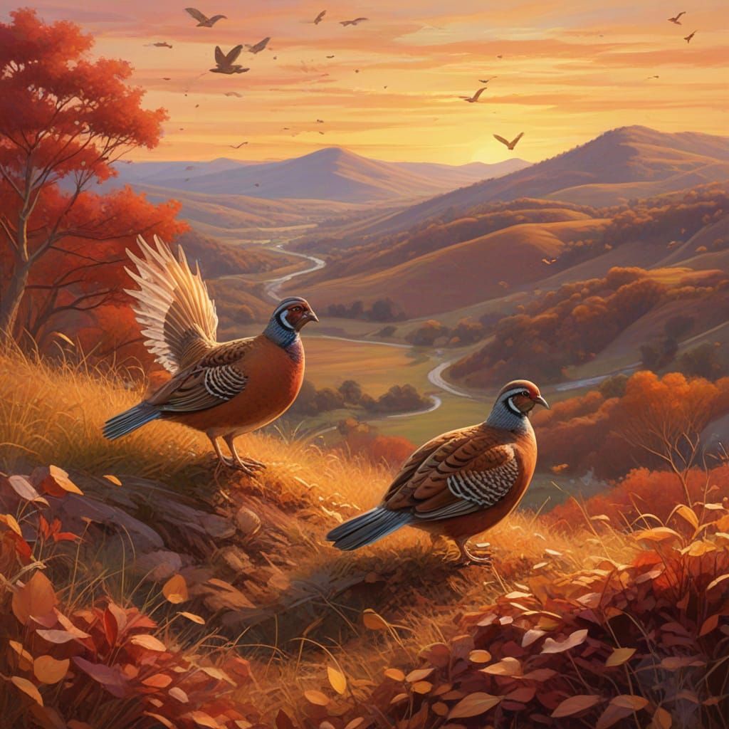 Partridges Among Golden Leaves in Crimson Sunset