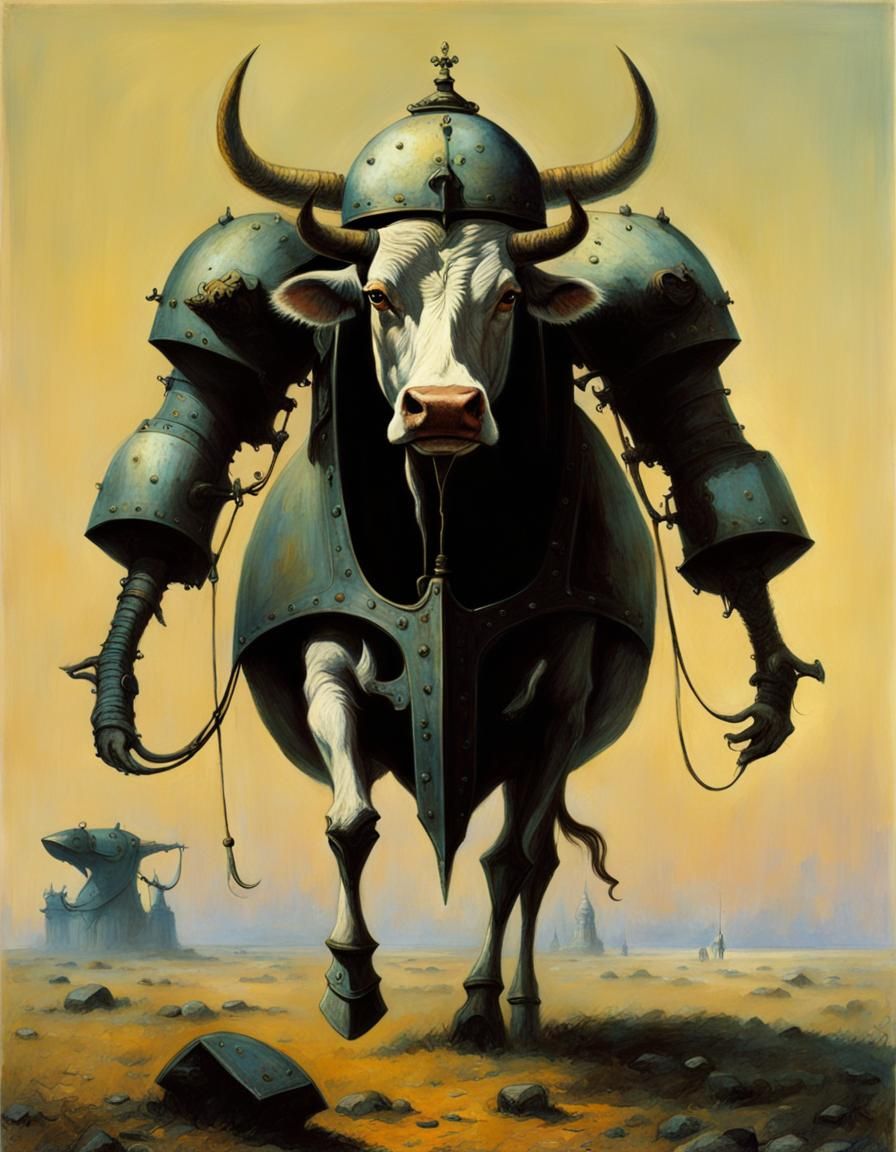 Armored Cow Hero in Surreal Liminal Space