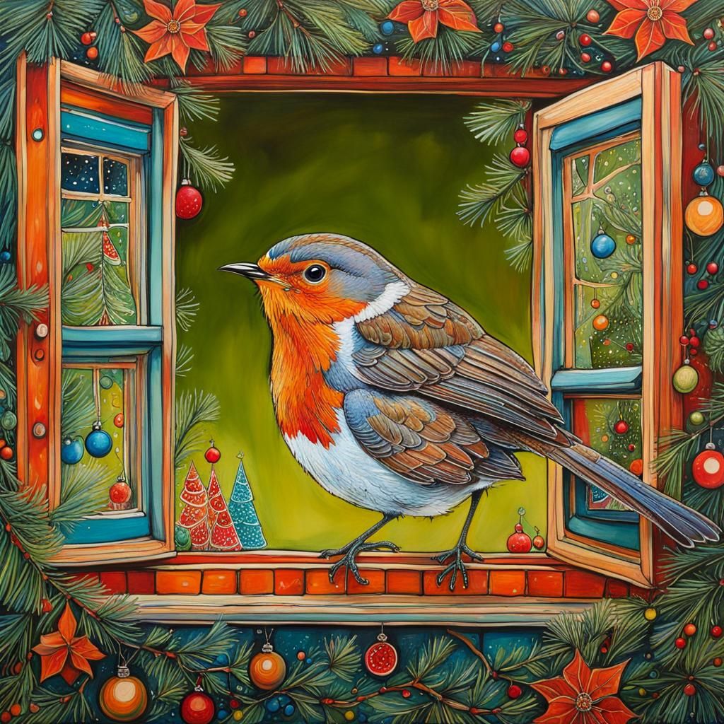 Robin in Christmas Window: Art Brut Illustration