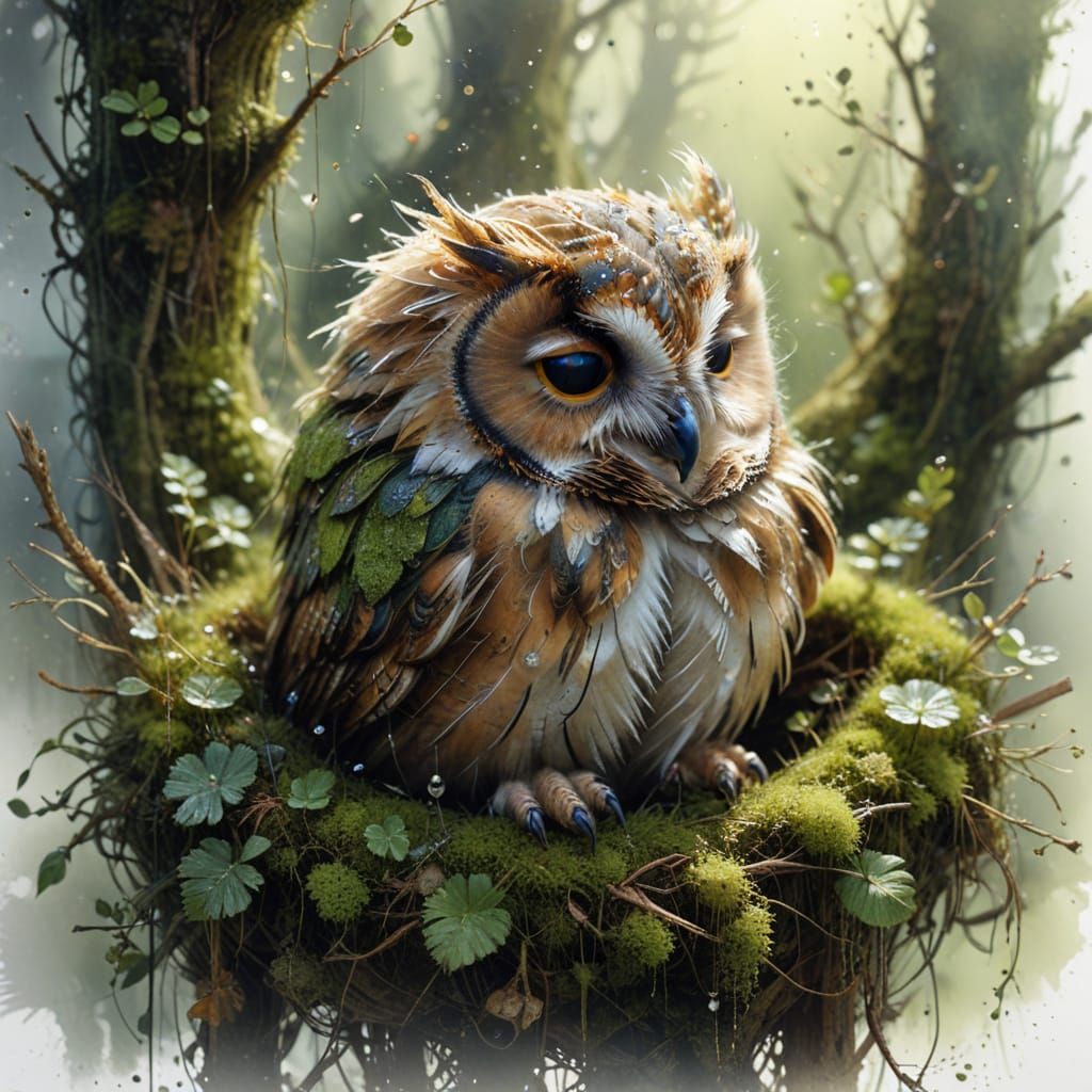 Sleeping Baby Owl in Moss Nest: Photorealistic Digital Art