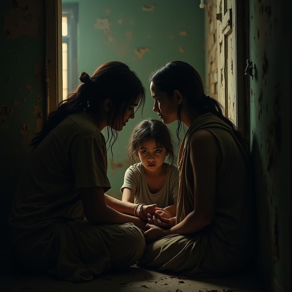 Emotional Rescue Scene in Dilapidated Building