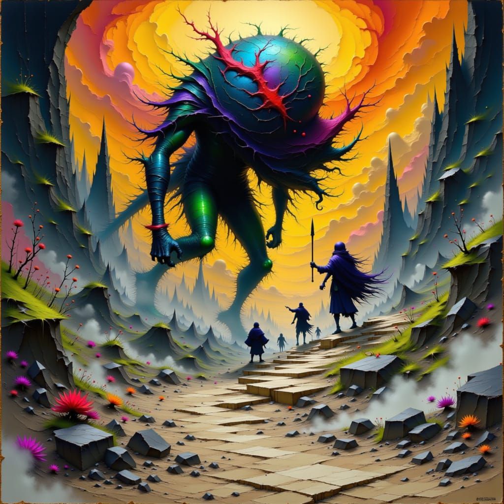 Kaknu Battles Body of Stone in Dreamlike Fantasy Art