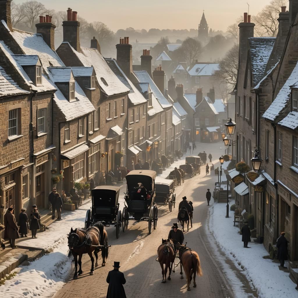 Quaint English Village Street in Winter Sunlight