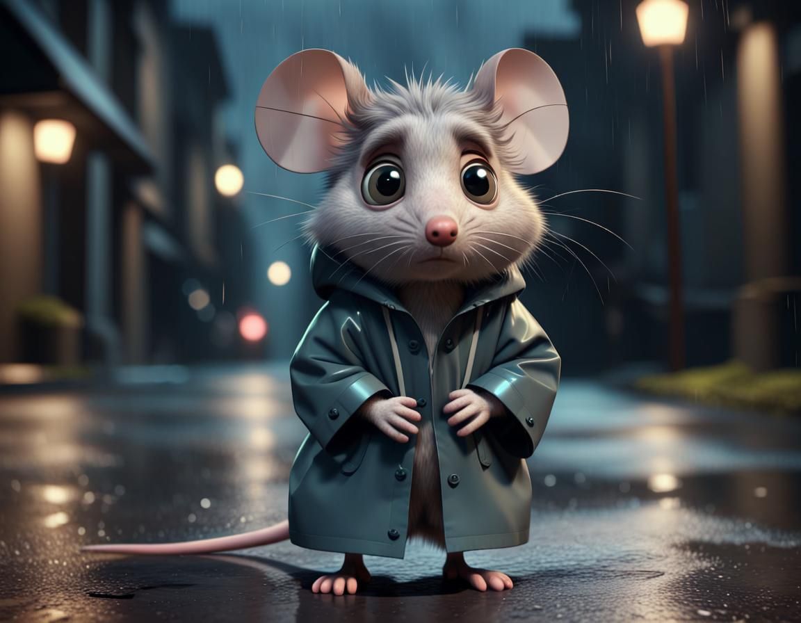 Sad Raincoat Rat on Lonely Street in 3D
