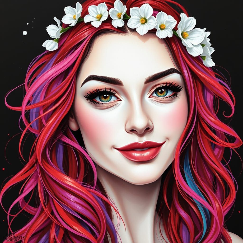 Hyperrealist Beauty Queen with Vibrant Hair and Crown