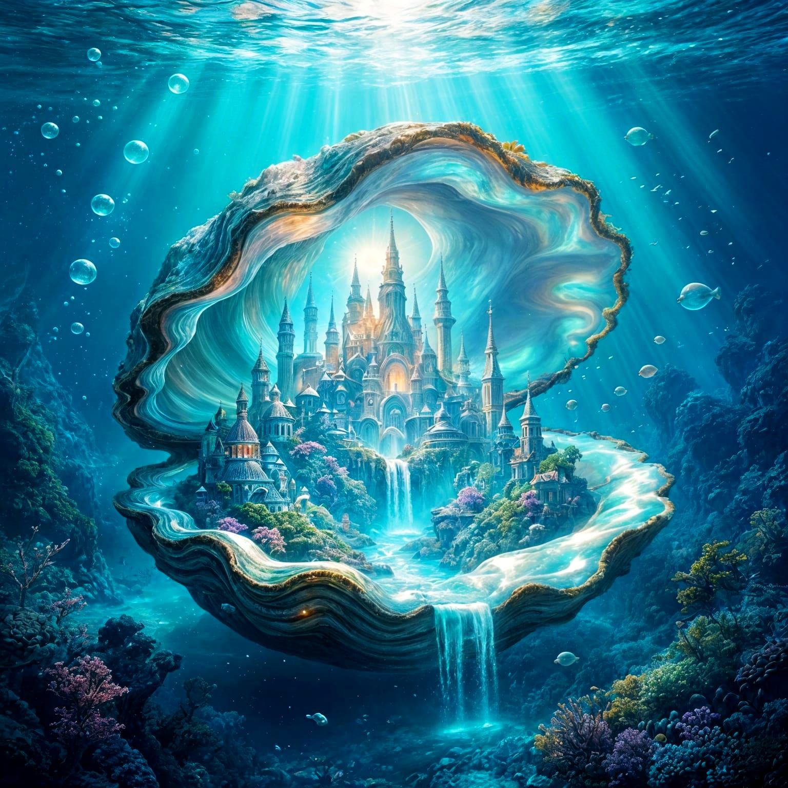 Cityscape Pearl in Ancient Oyster: Hyperrealistic Digital Ar...