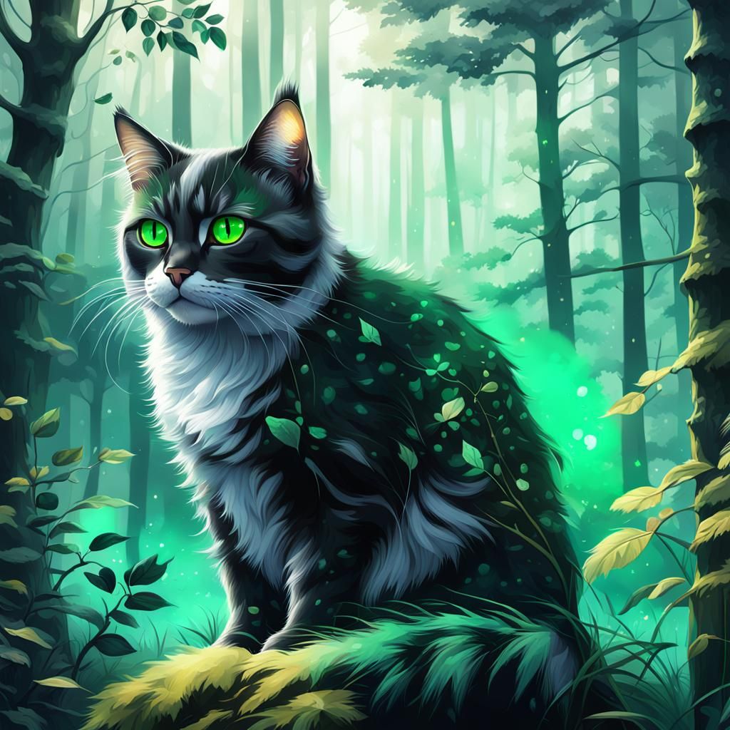 Mystical Forest Cat Portrait in Digital Painting Style