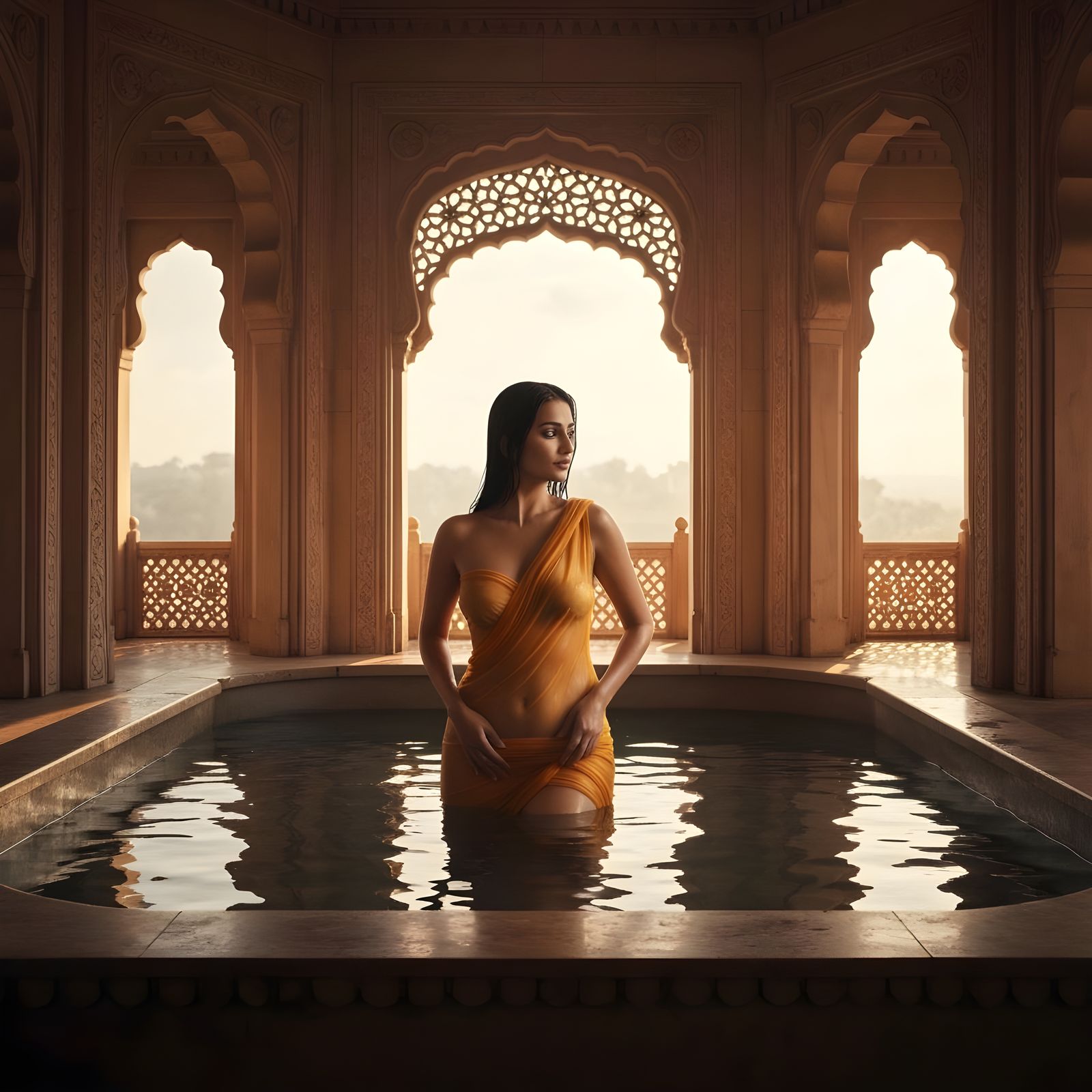 Gupta-Era Palace Bath Chamber with Serene Indian Woman