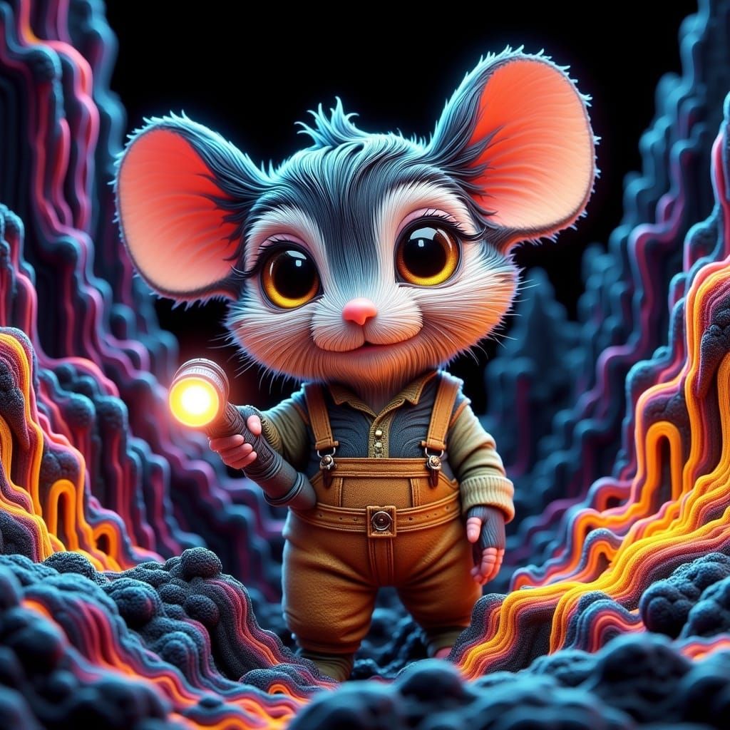 Chibi Mouse Hybrid in Whimsical Bismuth Fractal Landscape