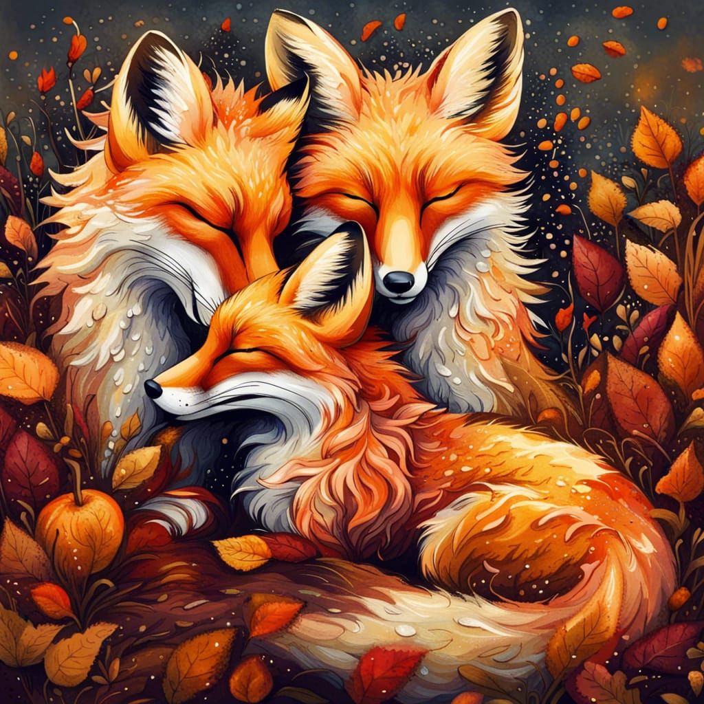 Fox Couple Sleeping in Autumn Field