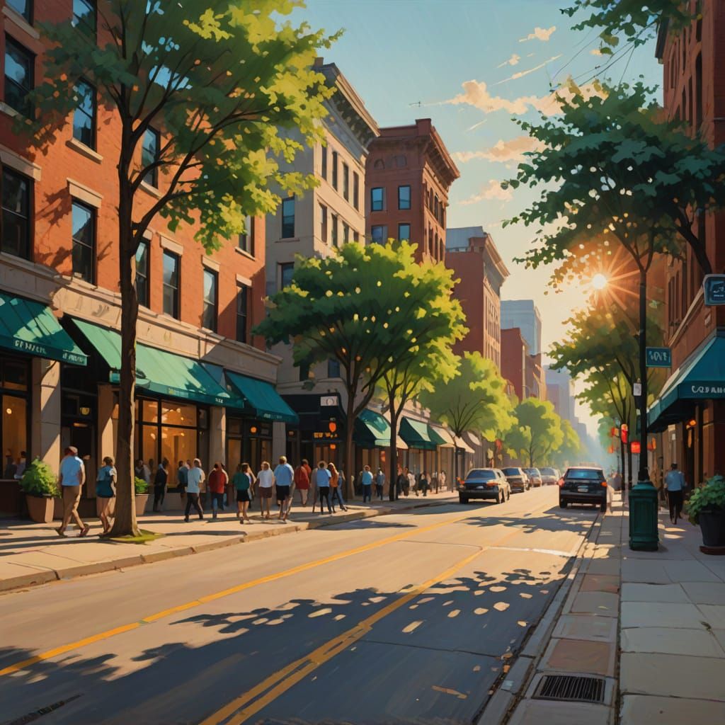 Tulsa Downtown Street Scene in Impressionist Oil Painting St...