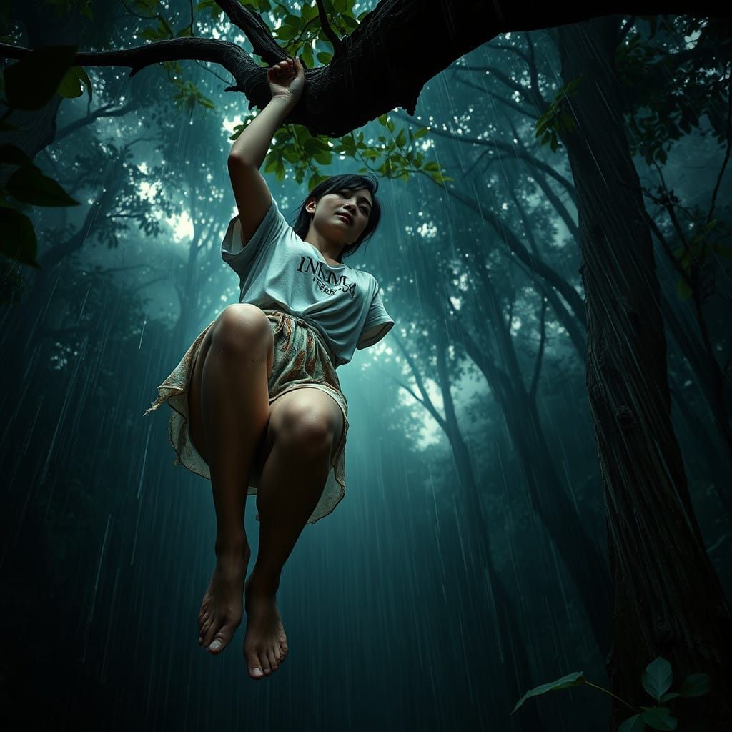 Chinese Woman in Turmoil, Clinging to Tree Branch in Heavy R...