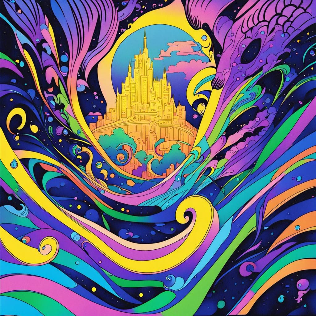 Glowing Cityscape Horse Gallops in Cascading Water