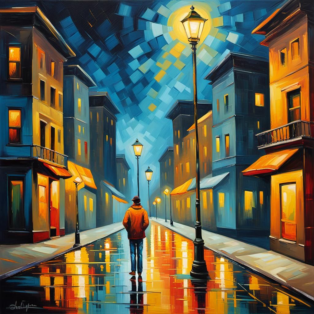 Night Street Scene in Neo-Impressionist Style