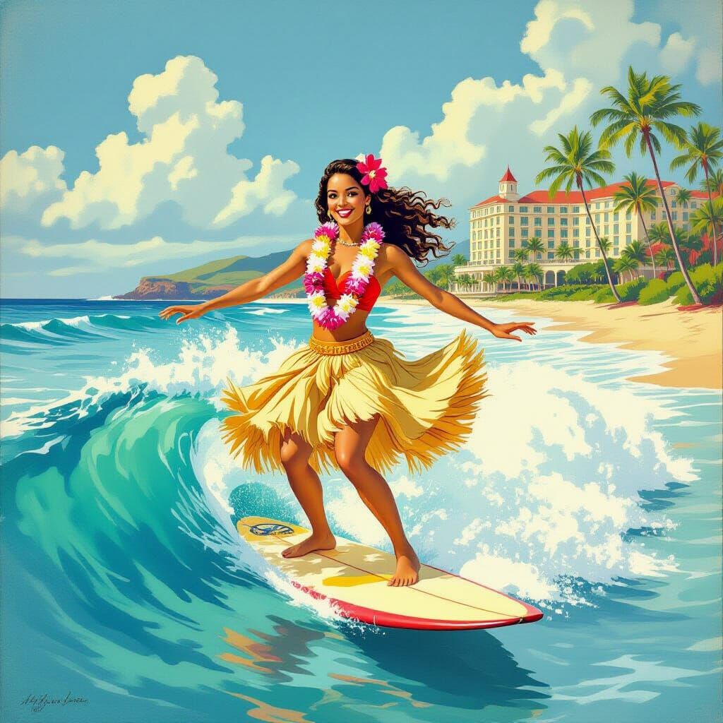 Hawaiian Hula Girl Surfing Paradise in Vintage Style