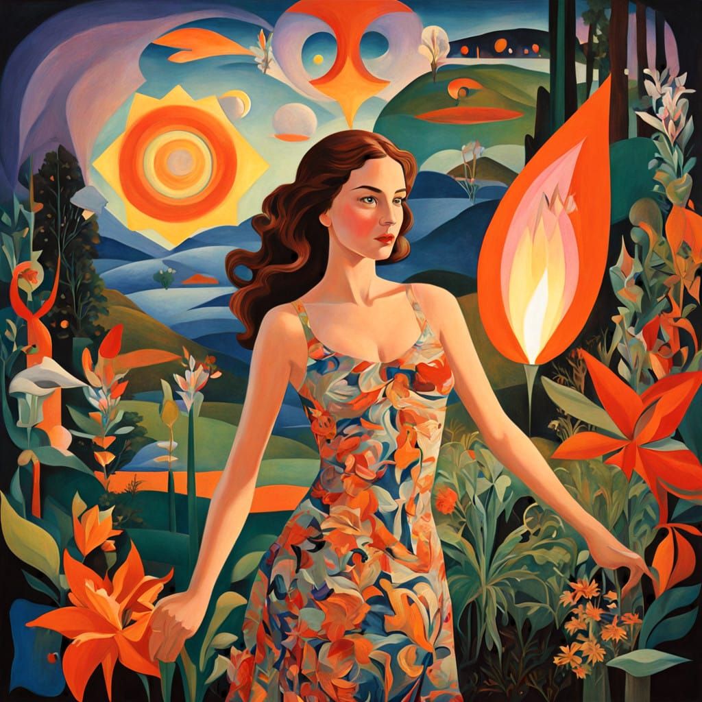 Woman in Whimsical Floral Garden Scene