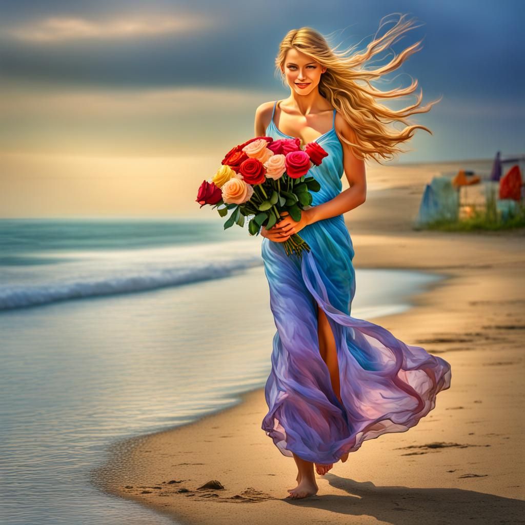 Maiden with Roses Walking on a Seashore
