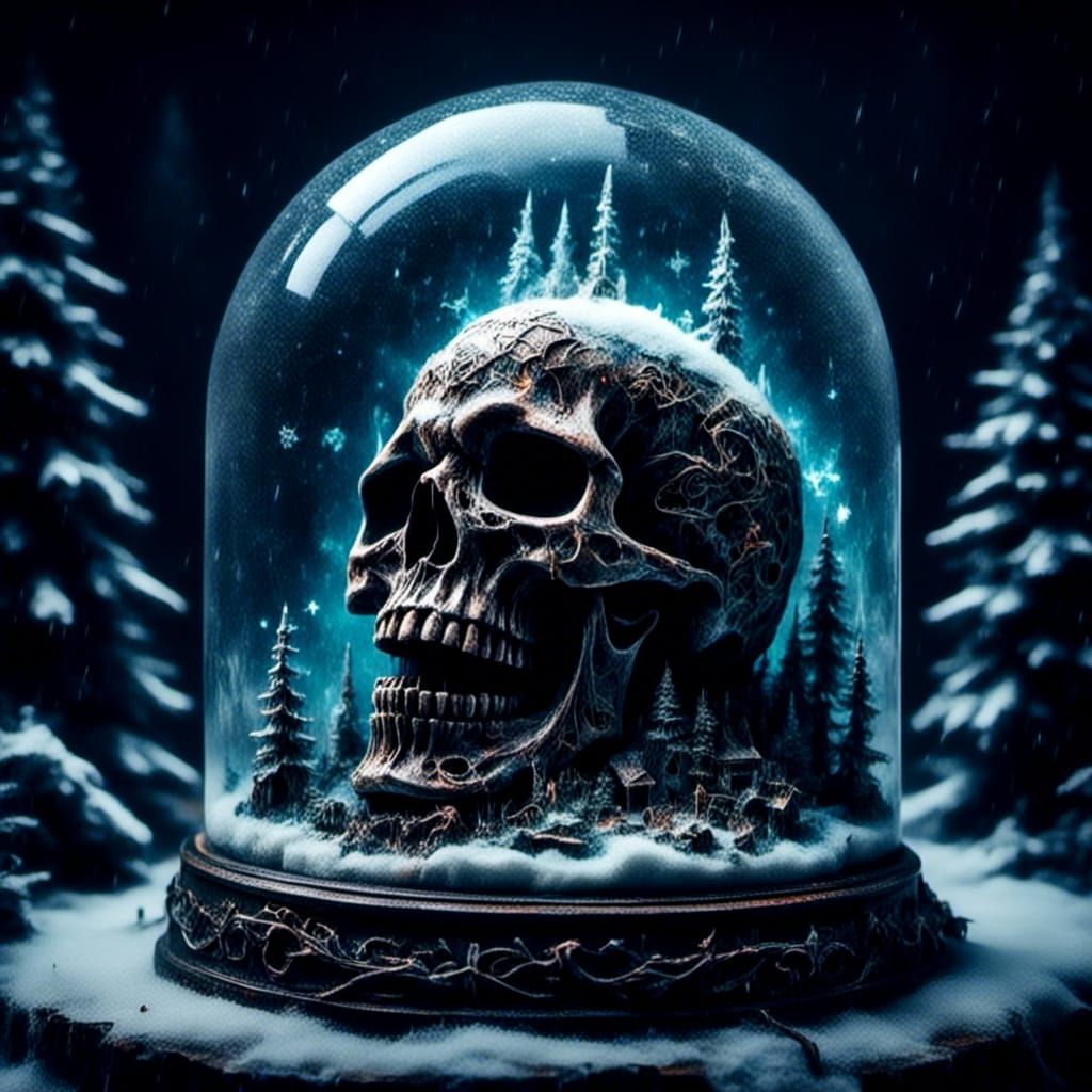 Macabre Skull Snow Globe with Ethereal Lights