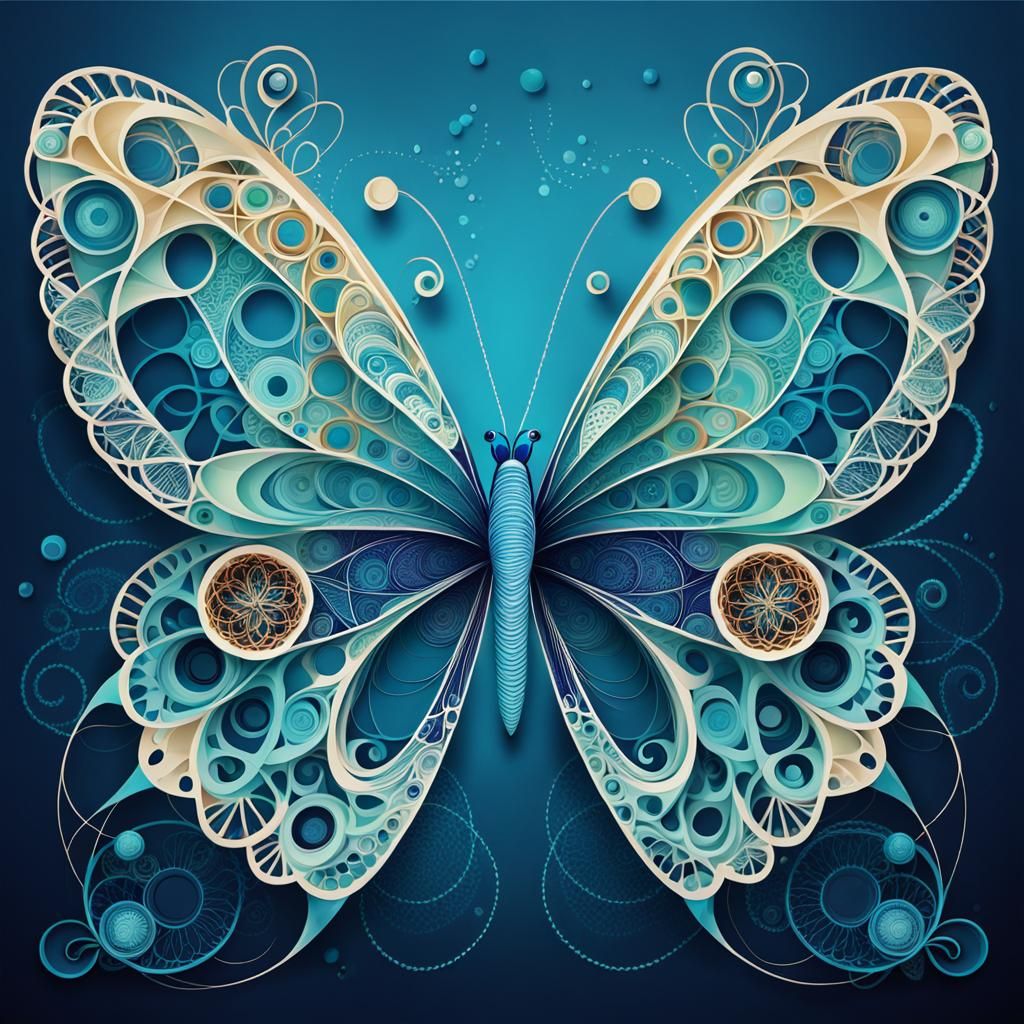 butterfly with wings made of Spirograph designs in ocean colors