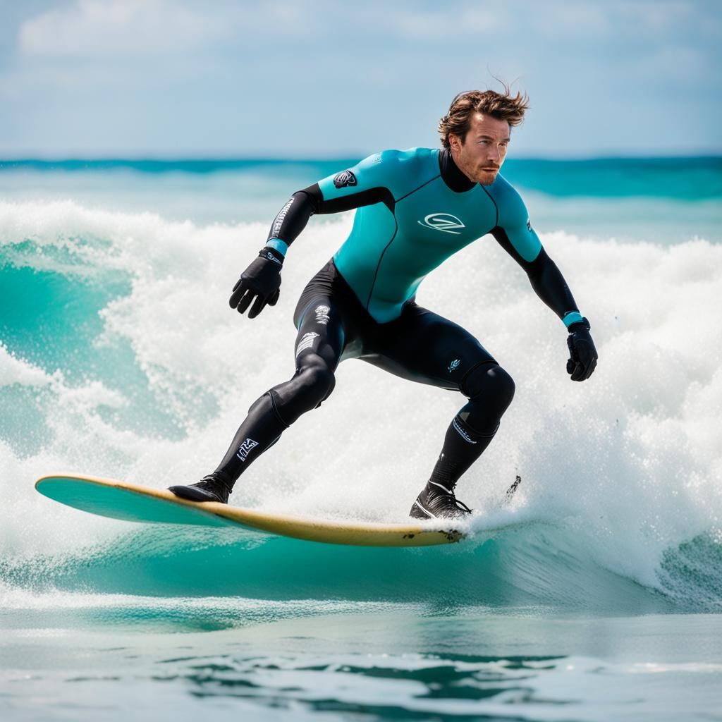 Surfer Rides Wave in Hyperrealistic Digital Art Style