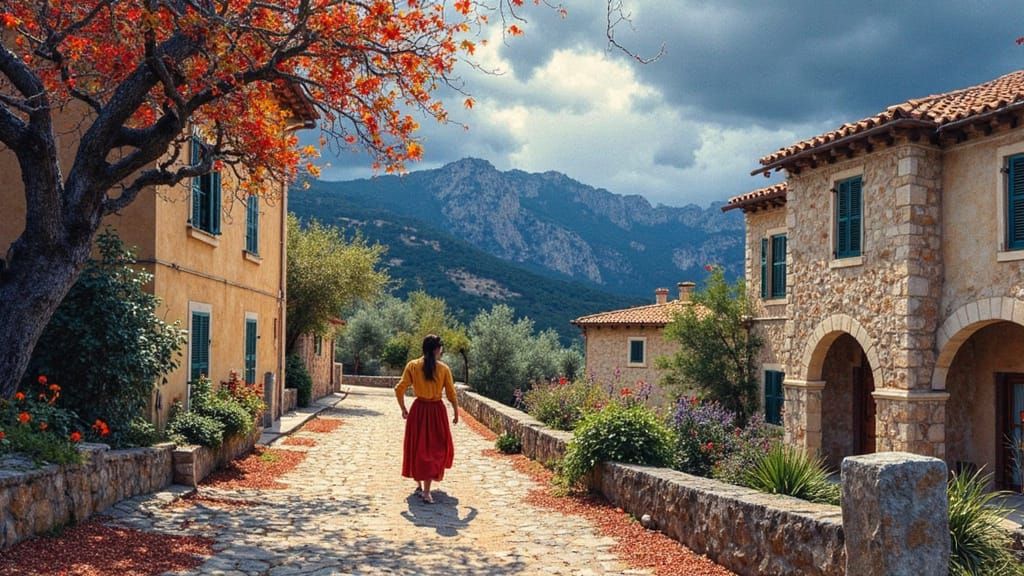 Mallorcan Woman in Deia During Spring Storm, in Gauguin Styl...