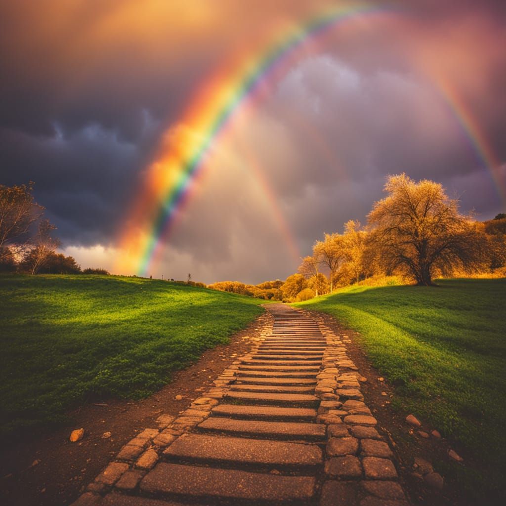 Vibrant Rainbow Landscape in Golden Light